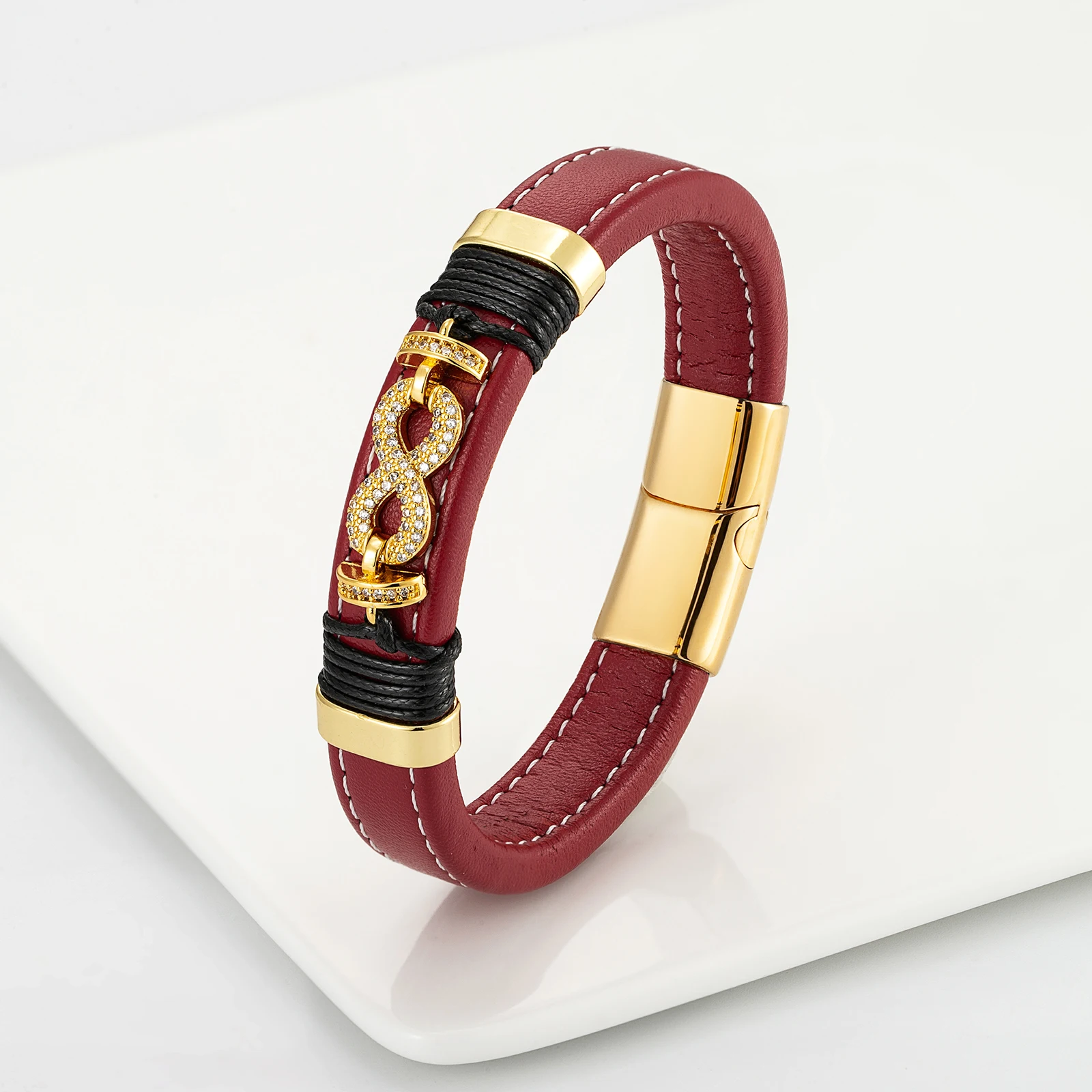 

2022 New Figure 8 Gold Micro Diamond Charm Fashion Men And Women Suitable Stainless Steel Bracelet Multicolor Leather Bracelet