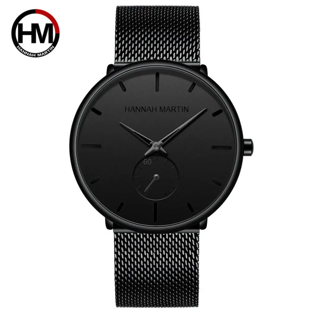 

Hannah Martin Watch Men Black Stainless Steel Mesh Small Dial Men Watches Top Brand Luxury Quartz Wrist Watch relogio masculino