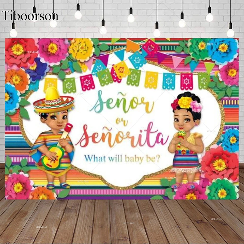 

Mexican Fiesta Gender Reveal Backdrop Senor or Senorita Cinco De Mayo Baby Shower Party Supply He or She Festival Decoration