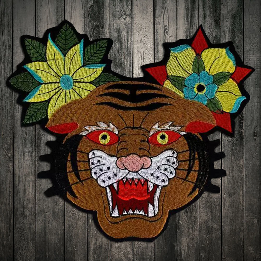 Новая Большая голова тигра вышивка кружева аппликация ткань с пайетками свитер