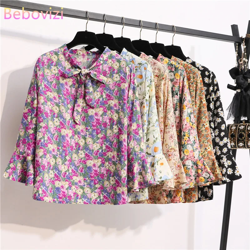 Осенне летняя модная шифоновая блузка в стиле ретро с цветочным принтом женские