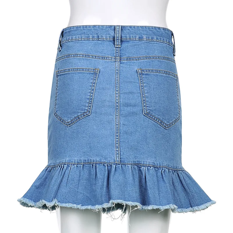 

Mandylandy Denim Skirt Summer Solid Color High Waist Button Slim Denim Skirt Women's Casual Pleated Ruffled Stitching Skirt