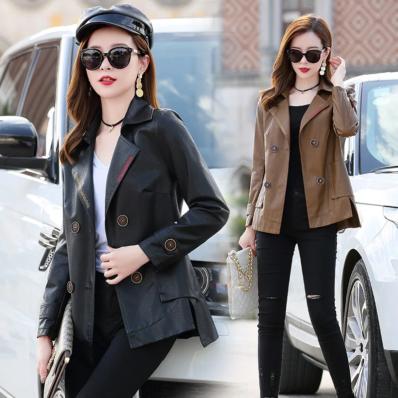 Ms long section of the Spring and Autumn new Korean version Leisure was thin PU leather motorcycle jacket lapel embroidered coat