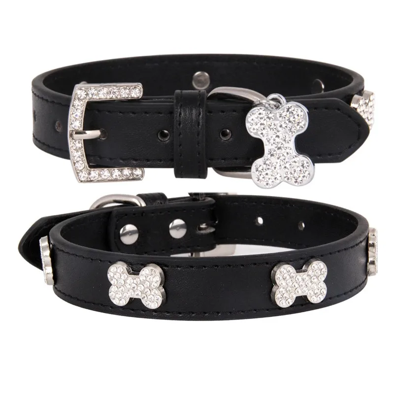 

New Bling Dog Collar Rhinestone Leather Puppy Collar Cute Cat Collar Bone Pendant Pet Collars for Small Dogs/Cats Pet Supplies