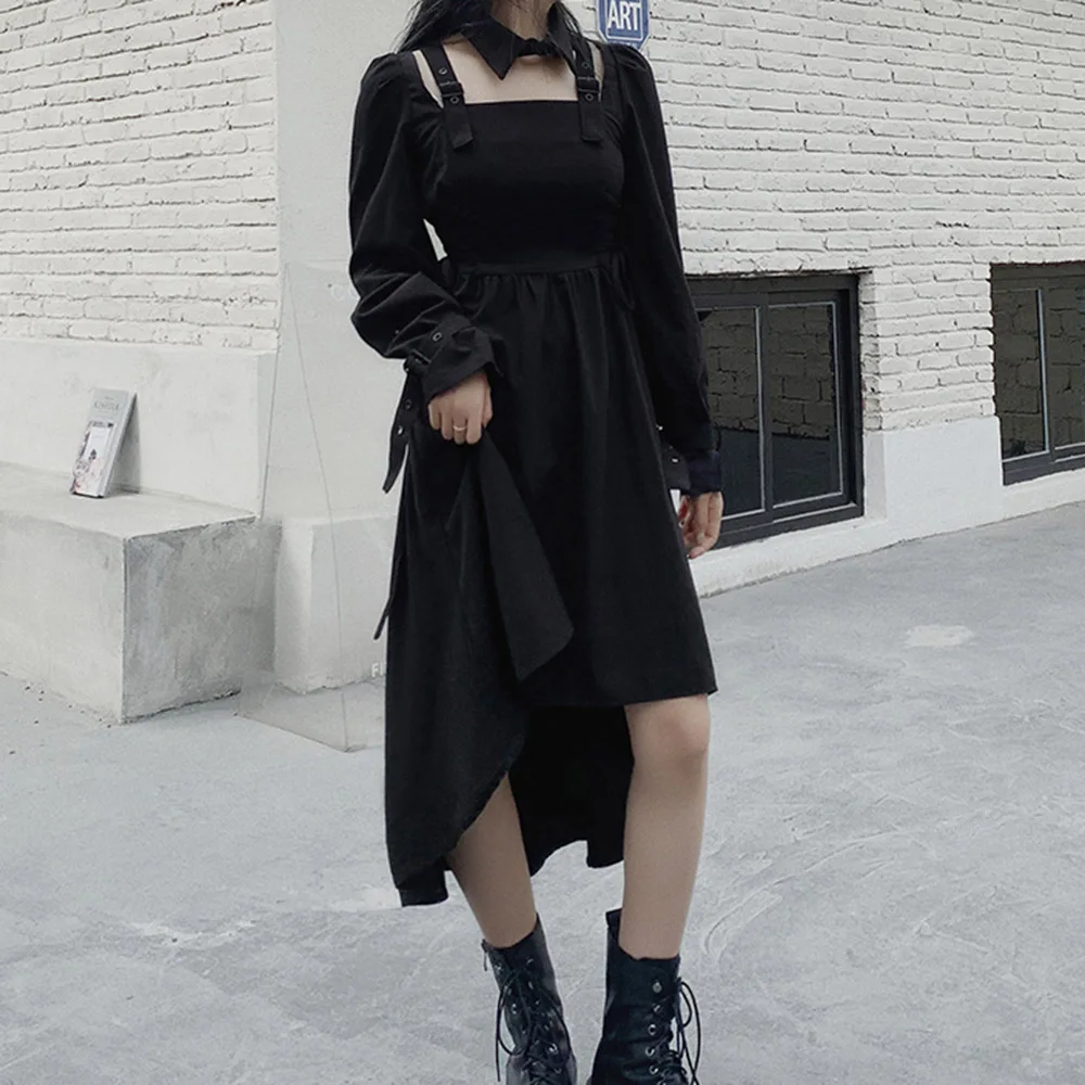

Gothic Ladies Dresses Spring Autumn New Fashion Hipster Designer Creative Thin High Waist Retro Irregular Lapel Long Sleeve
