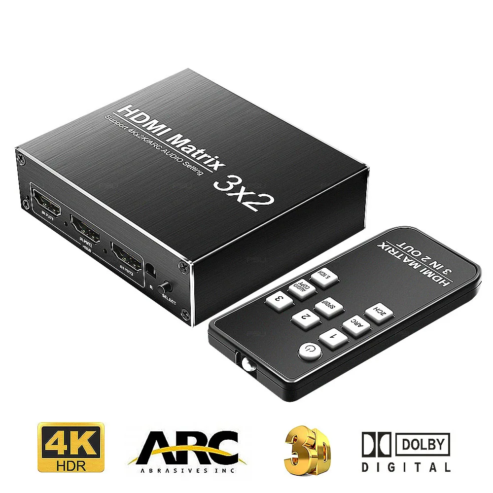 

Матрица HDMI 3 в 2 выхода, переключатель HDMI 2,0 4k 60 Гц HDR HDCP1.4 3x2, аудио экстрактор ARC для XBOX HDTV PS3 PS4 проектор