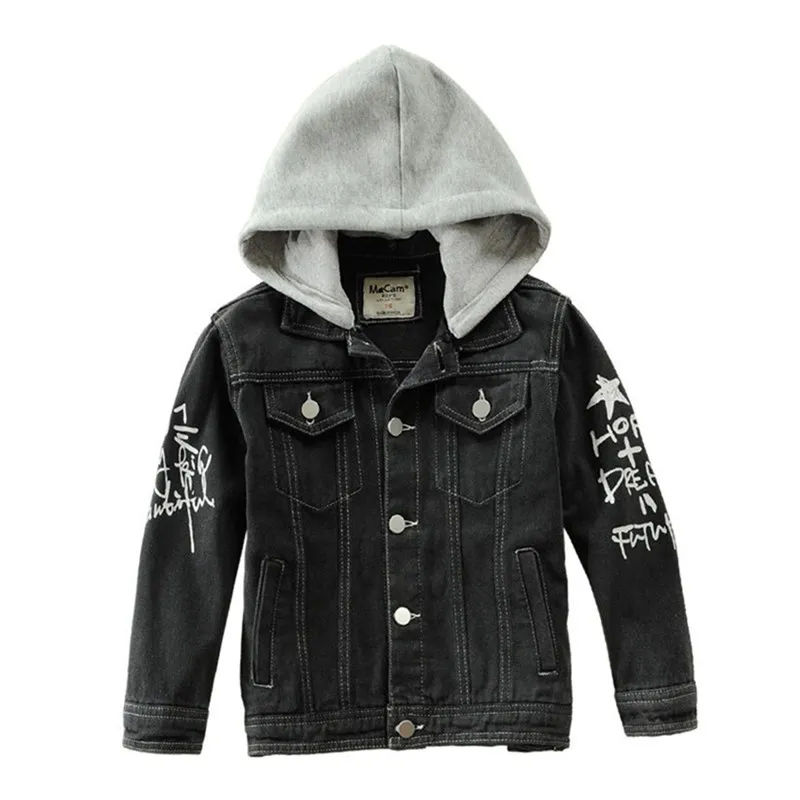 

Black Denim Jacket Kids Print Fashion Design Children Jean Coat With Hood For Teen Boys 100-160 CM Outewear LC083