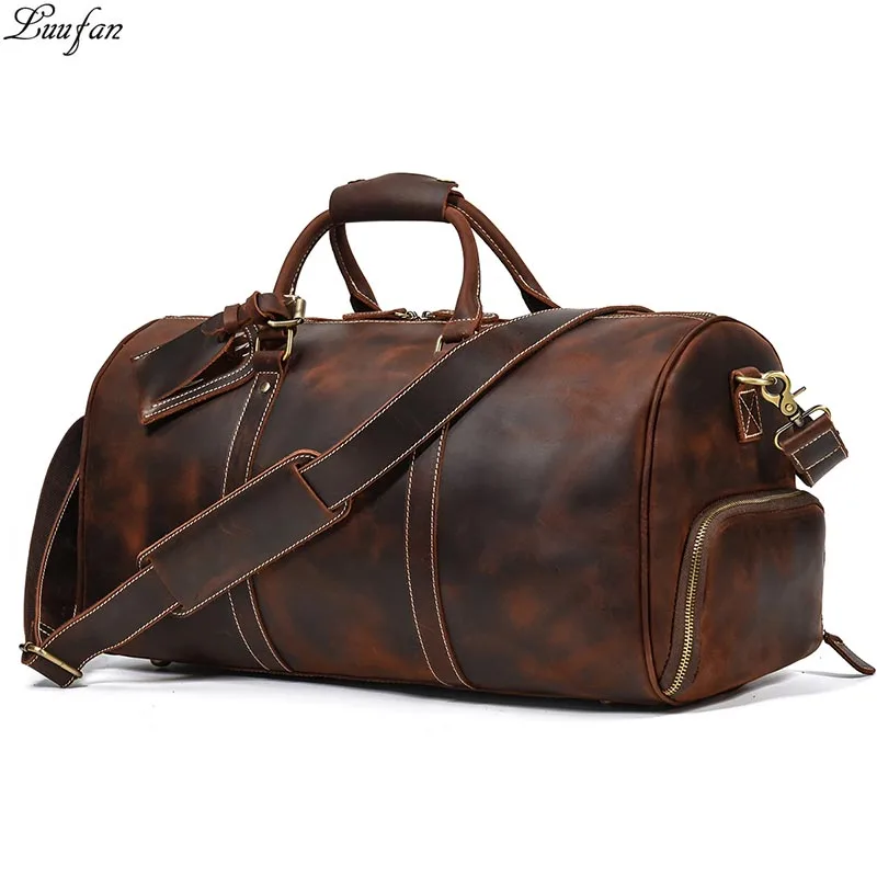 Luufan Vintage Crazy Horse leather Travel Bag With Shoe Pocket Big Capacity Male Weekend luuage Bag Large Messenger Bag 50 cm