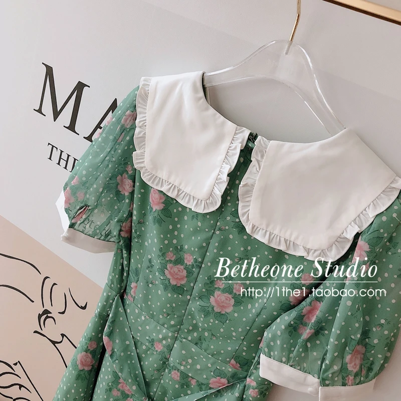 

French Style Retro Lapel Floral Green Fashionable Dress 2021 Spring Summer New Short Sleeve Dress Mid-length Vintage Faldas