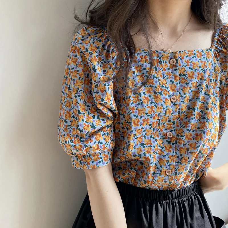 

HXJJP Floral Off-Shoulder Top and Blouse 2021 Summer New Korean Women's Lantern Sleeve Floral Loose Short-Sleeved Shirt Female
