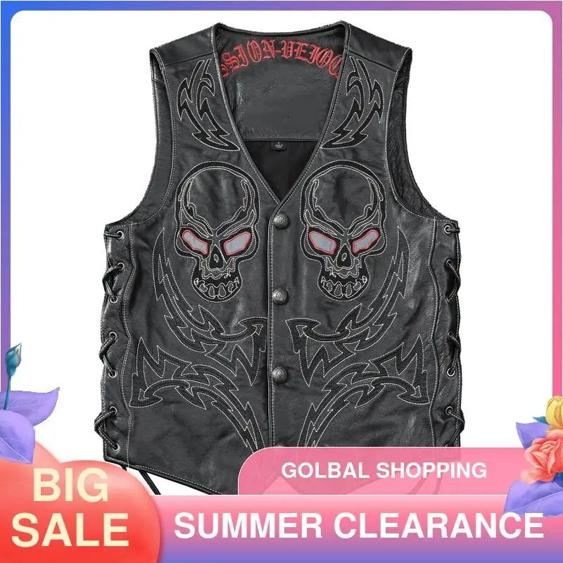 2021 черные черепа вышивка жилет для мужчин из натуральной овечьей кожи размера