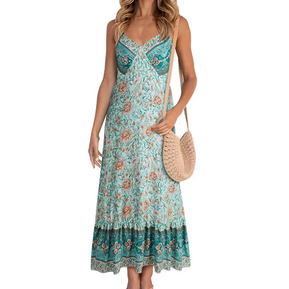 

Женское винтажное платье макси с цветочным принтом, богемное элегантное платье с открытой спиной, на бретелях-спагетти и широким подолом, л...