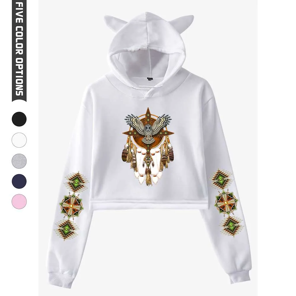 

Native Indian Wolf Crop Top Hoodie for Teen Girls Streetwear Hip Hop Kawaii Cat Ear Harajuku Cropped Sweatshirt Pullover Tops