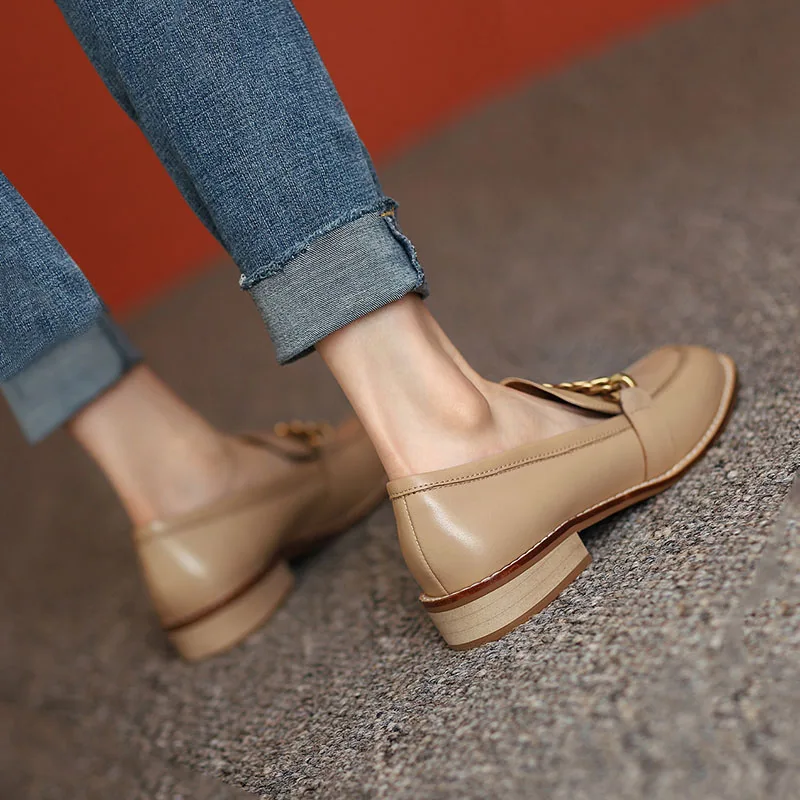 

Royesic Genuine Cow Leather Loafers For Women Shoes Soft Penny Shoes For Round Toe Oxford Shoes Women Chain decoration Handmade