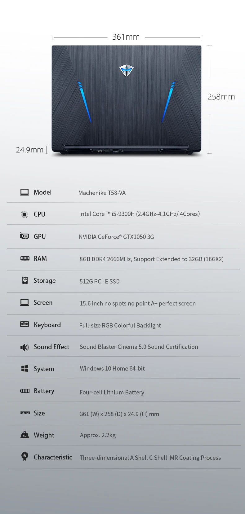 Игровой ноутбук Machenike T58-VA GTX1050(i5-9300H+ GTX 1050/8GB ram/512G SSD/15,6 '') игровой ноутбук