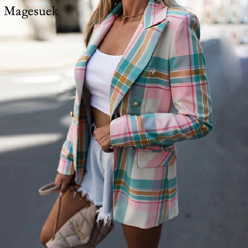 

Casual Pocket Plaid Women Coat Office Lady Notched Collar Suits Female Jacket Blazer Single Breasted Autumn Women Jackets 17306
