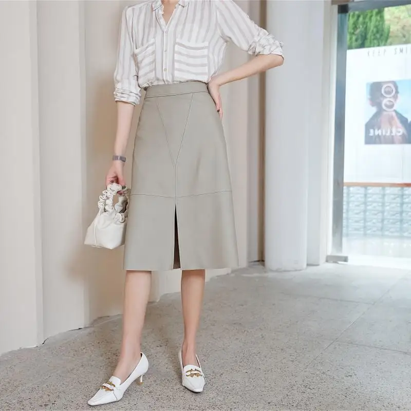 

OL New arrival elegant leather Sirt High quality sheepskin genuine leather high-rise Skirt for women B221