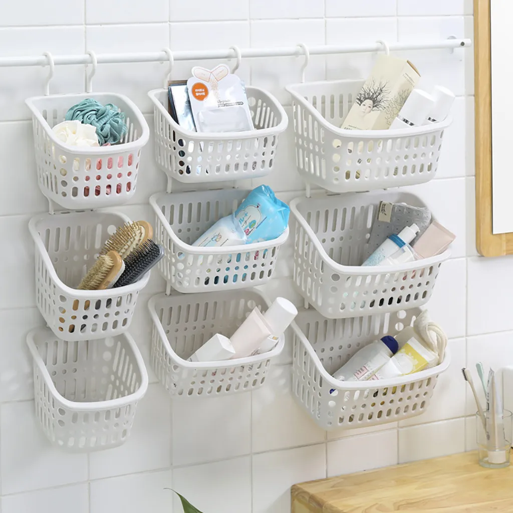 

Plastic Hanging Shower Basket With Hook For Bathroom Kitchen Storage Holder Bedside Organizer Storage Basket