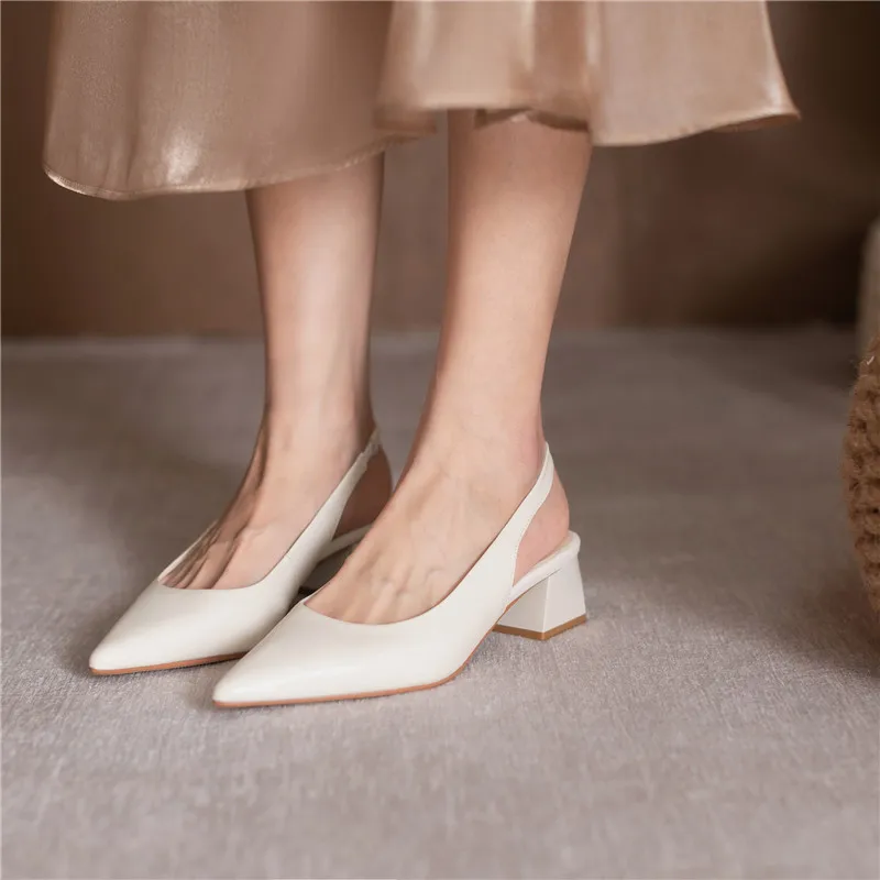 

MORAZORA 2021 Summer Genuine Leather Sandals Square Heels Pointed Toe Office Dress Shoes Fashion Shallow Simple Ladies Sandals