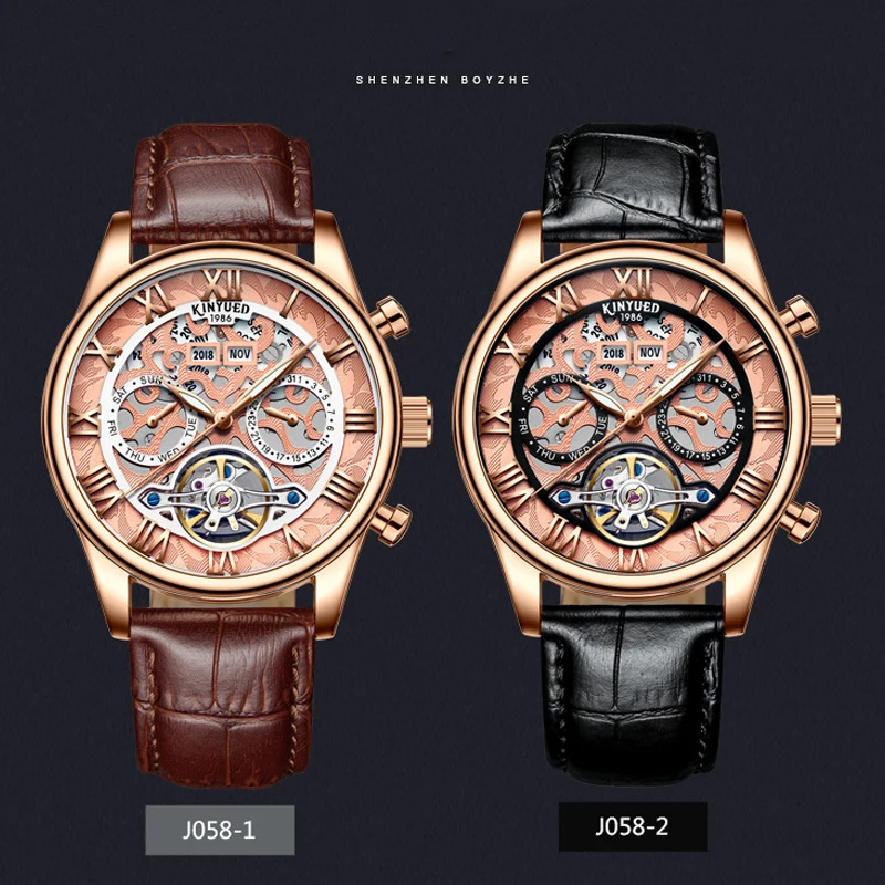 

KINYUED Brand New Rose gold Men Mechanical Sport Watch Automatic 3 Sub Dial Calendar Business Leather Skeleton Clock Reloj Hombr