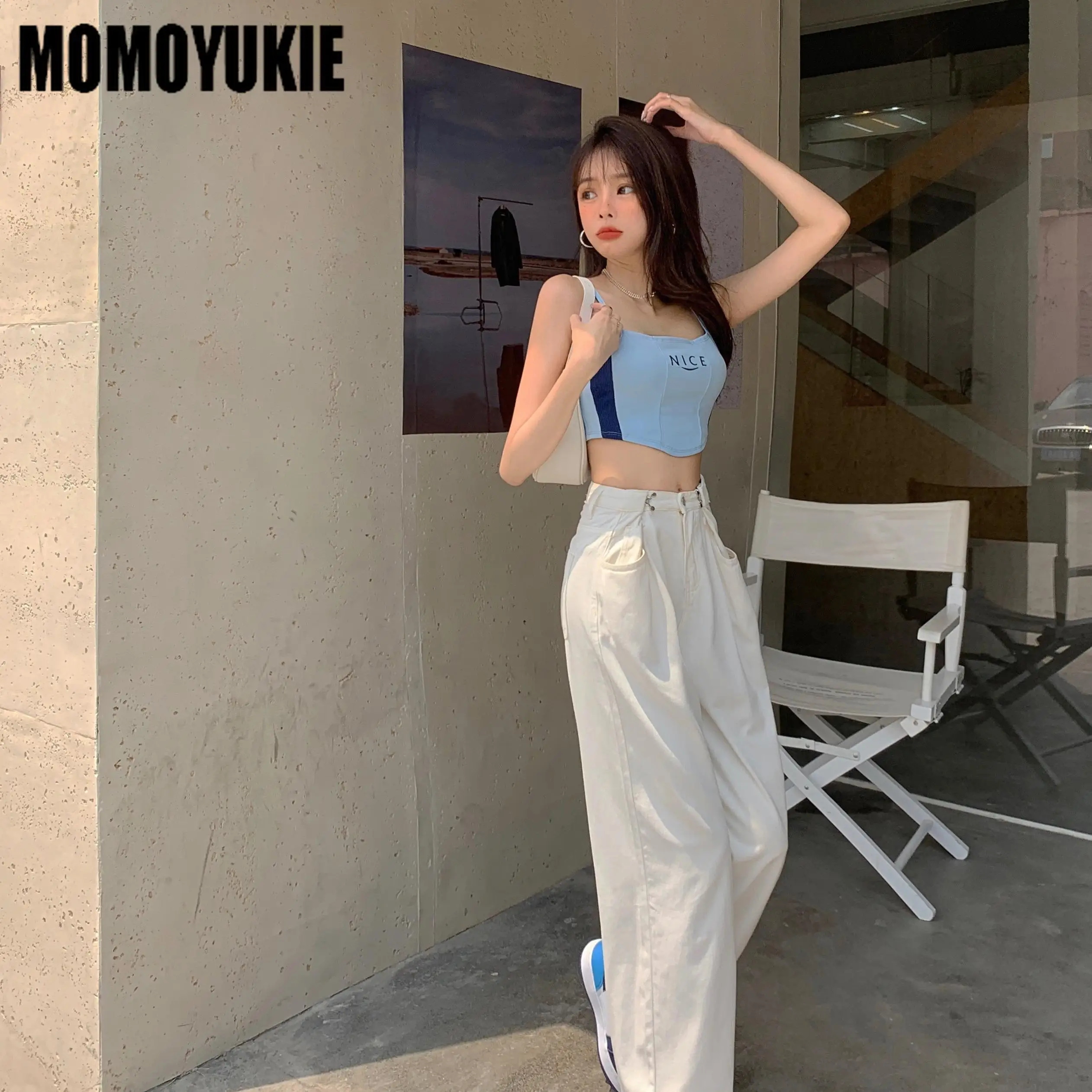 Женские джинсы с высокой талией свободные эластичные широкими штанинами