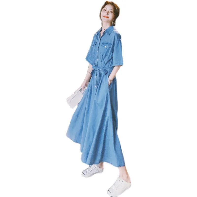 

Blue Denim Dress Women's Single Breasted Simple Jeans Dresses With Belt Female 2021 Summer Fashion Streetwear E031