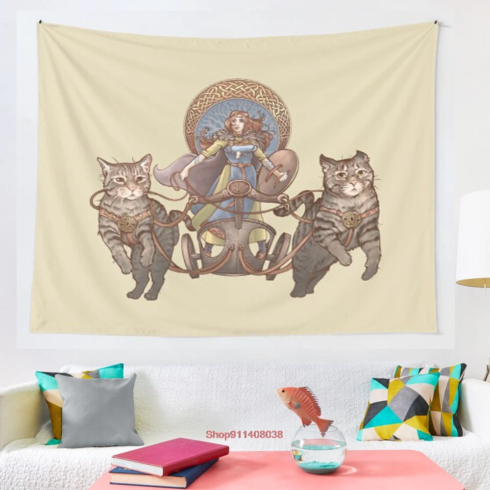 

Freya Driving Her Cat Chariot tapestry Art Wall Hanging Tapestries for Living Room Home Dorm Decor