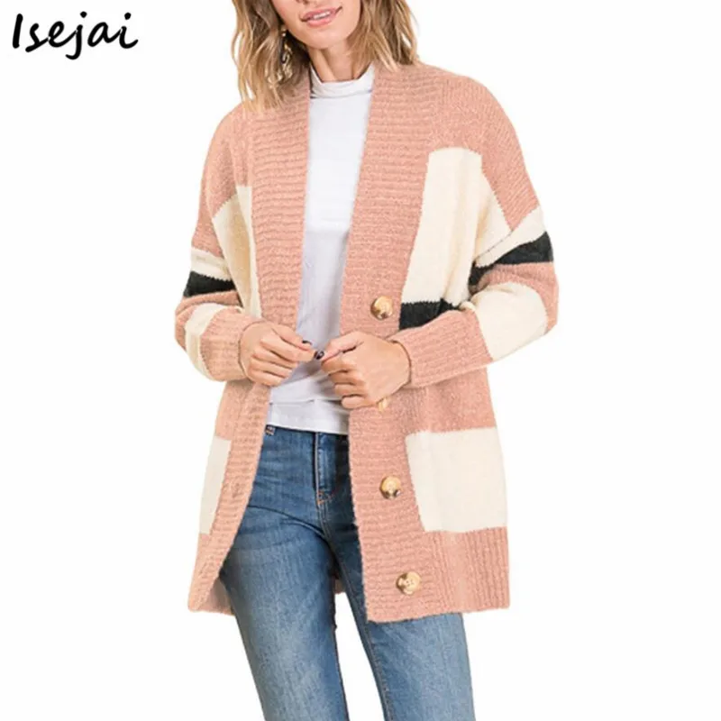 

Color Block Autumn Winter Stripes Cardigans for Women Button Sweater Knitted Cardigan Coat Long