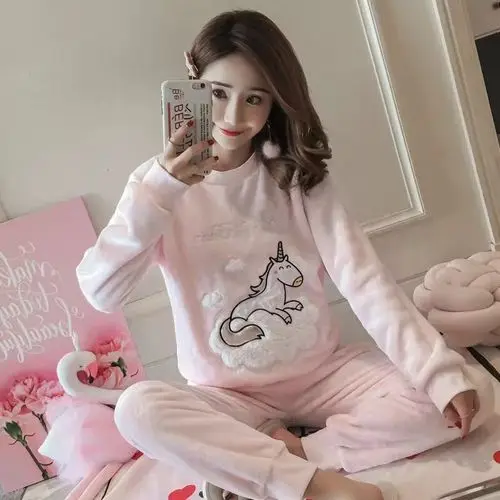 pink Зимние женские фланелевые пижамные комплекты с длинным рукавом, женские толстые теплые коралловые бархатные пижамы, набор милых пижам с вышивкой единорога - Цвет: pink
