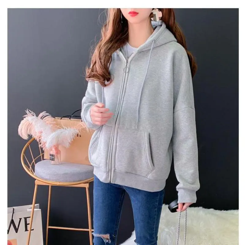 

Zuolunouba Winter Women Hoodie Plus Velvet Keep Warm Solid Color Zipper Pocket Harajuku Female Fashion Sweatshirt Coat M-XL