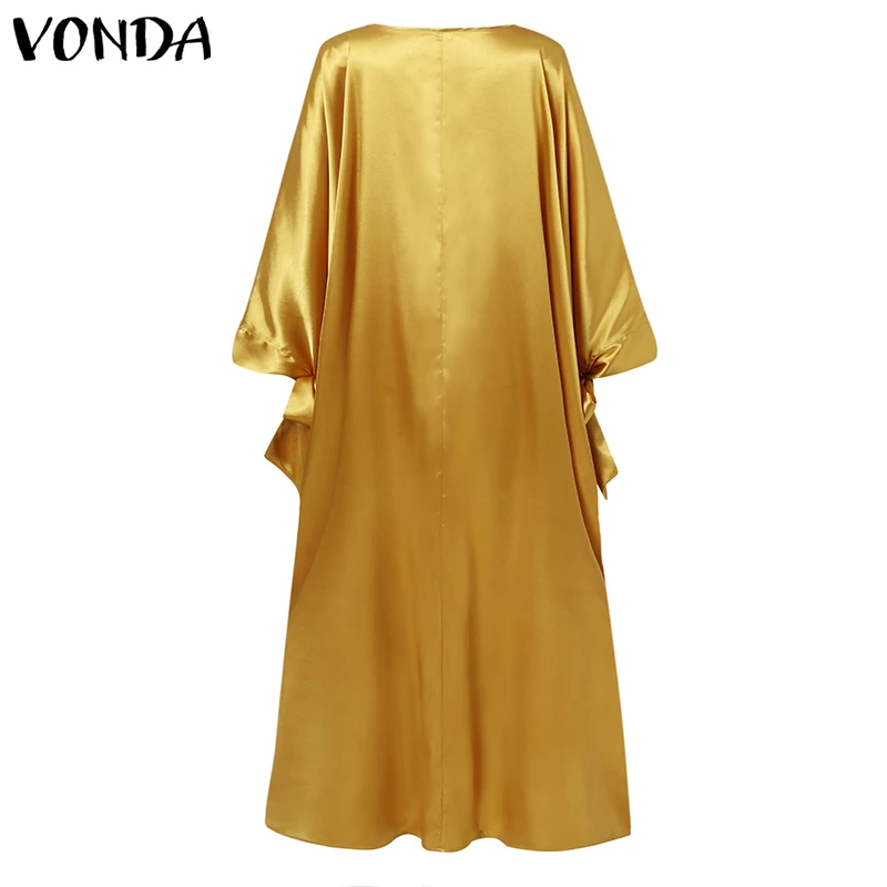Bohemian Long Maxi Dress VONDA 2022 Women Vintage Floral Printed Party Dress Vestidos Autumn Long Sleeve Satin Slik Sundress
