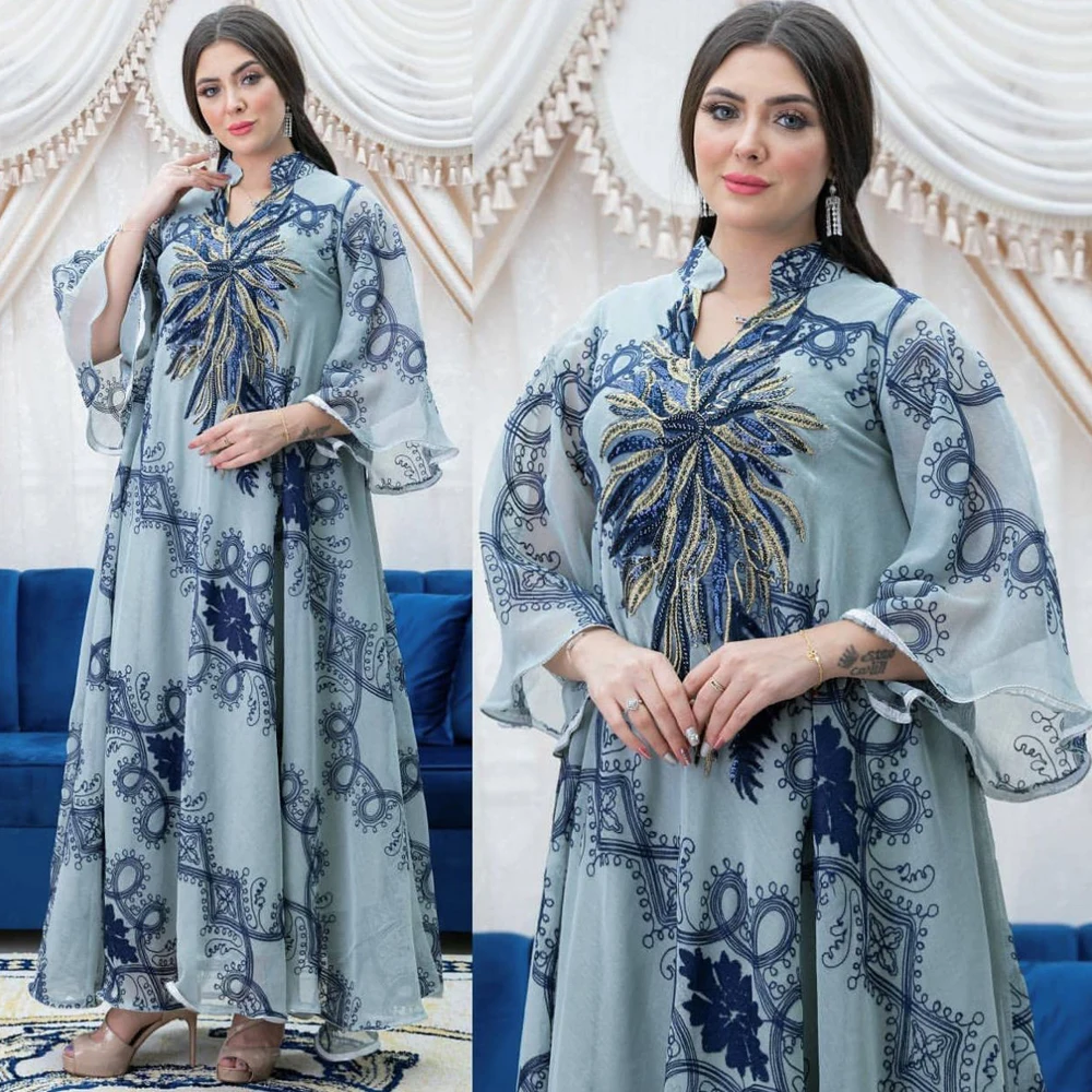 Moroccan Kaftan Dubai Muslim Women Abaya Dress Embroidered Sequined Plus Size Boubou Elegant Kimono Ankara Dashiki Clothing |