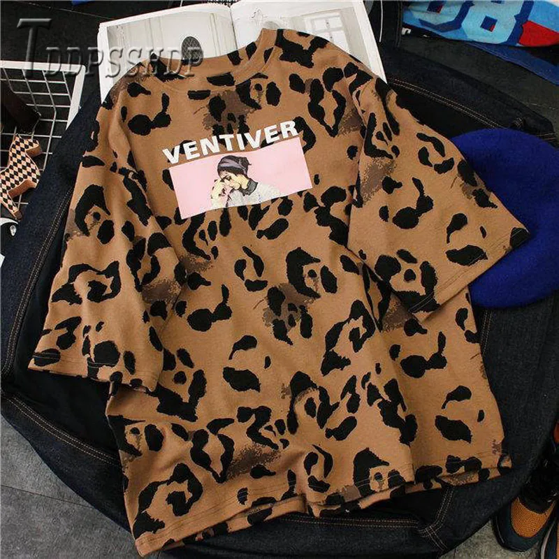 Женская футболка с леопардовым принтом в Корейском стиле 95% хлопка лето