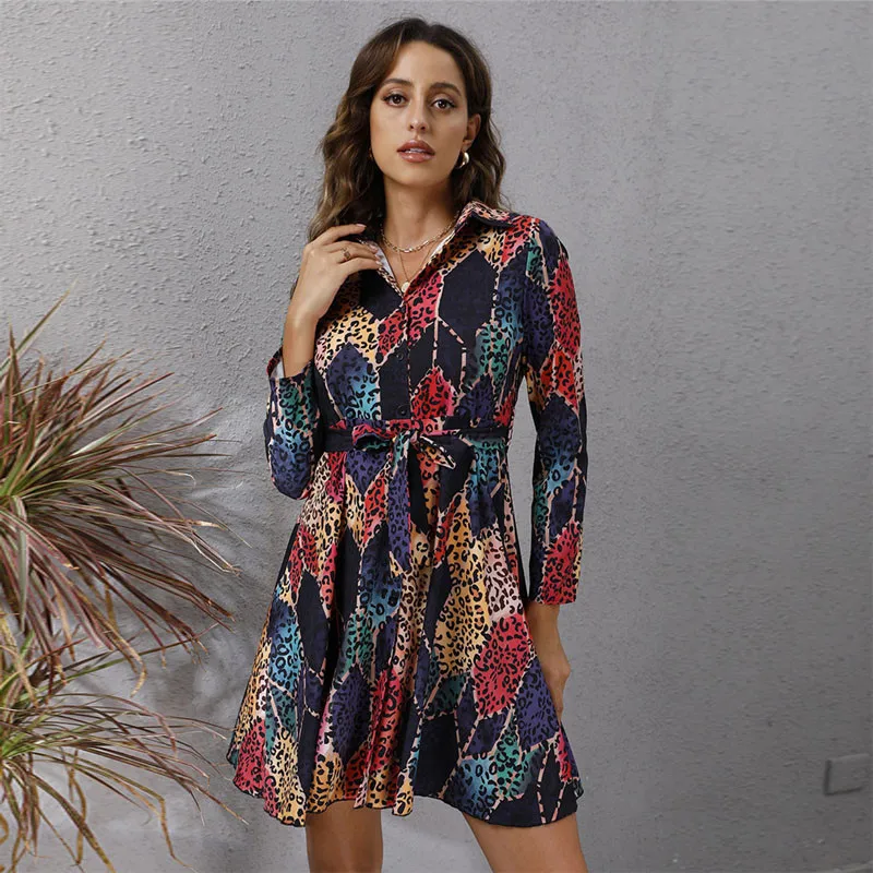

Geometric Single-breasted Autumn Dress Women Fashion Turn-down Collar Long Sleeve Office Ladies Shirt Dress Loose Casual Vestido