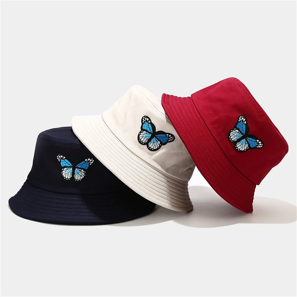 

Blue Butterfly Harajuku Fisherman Hats Sunscreen Casual Beach Sun Cap Outdoor Unisex Bucket Foldable Cotton Panama Hip Hop Caps