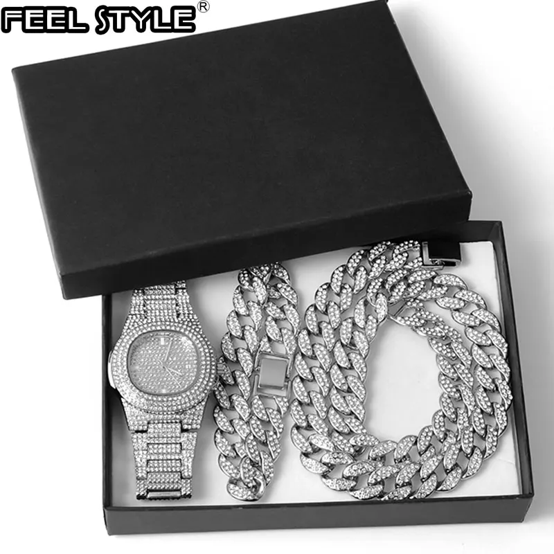 Necklace +Watch+Bracelet Hip Hop Miami Curb Cuban Chain Iced Out Paved Rhinestones CZ Bling Rapper For Men Jewelry