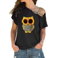 2020 new summer sunflower owl print girl t shirt women short sleeve t shirt irregular skew cross bandage tee tops