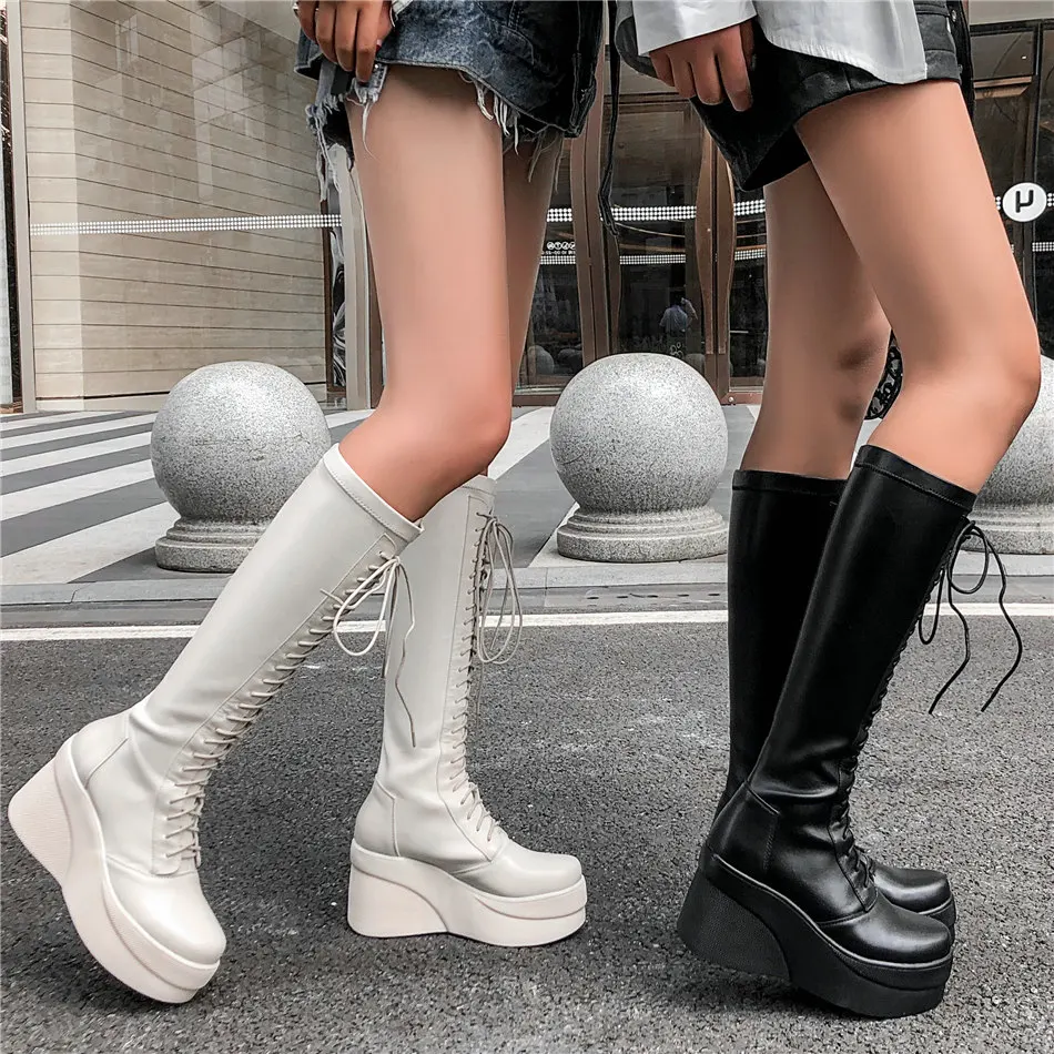 

Thigh High Fashion Sneakers Women Lace Up Genuine Leather Wedges High Heel Motorcycle Boots Female Chunky Platform Pumps Shoes