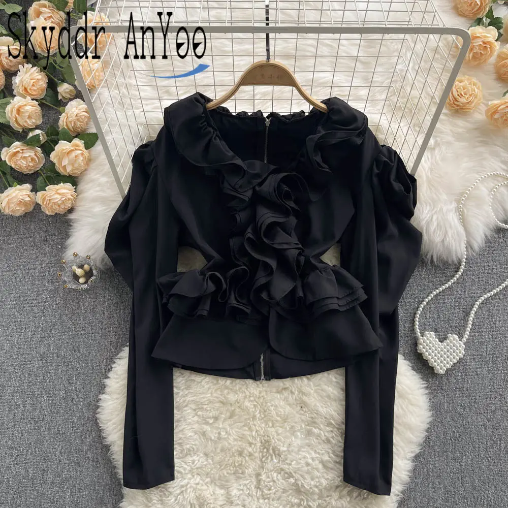 

Модные новые женские блузки 202 Блузки Топ с буффами и длинным рукавом женские шикарные черные рубашки тонкий укороченный топ женские элеган...