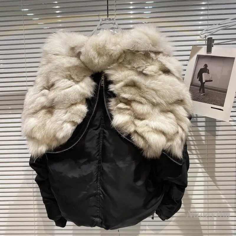 

White Duck Down Large Real Fox Fur Jacket Women 2021 Winter New Hooded Zipper Lapel Warm High Waist Coat Lady Streetwears