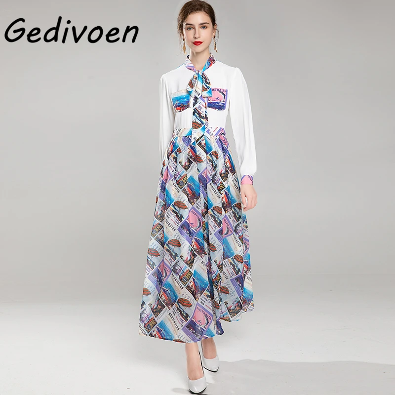 

Gedivoen Runway Designer Autumn Print Sweet Long Dress Women's Bow Tie Full Sleeve Patchwork Ankle-Length Dresses Vestdios