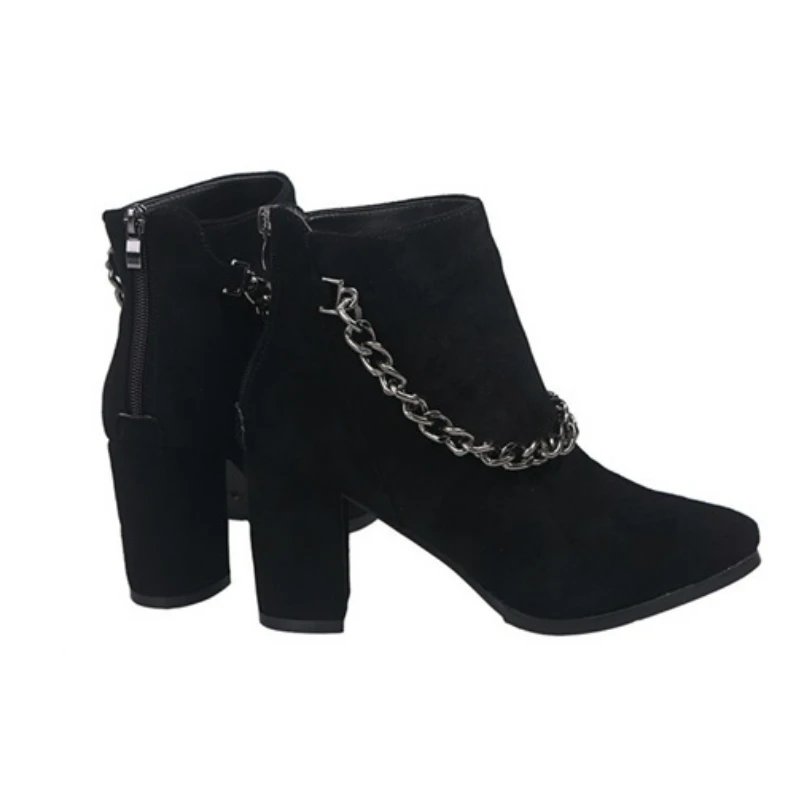 

Ankle Boots Women Metal Chain Decoration Flock Upper Point Toe High Thick Square Heel Zipper Mature Elegant Wedding Shoes Ladies