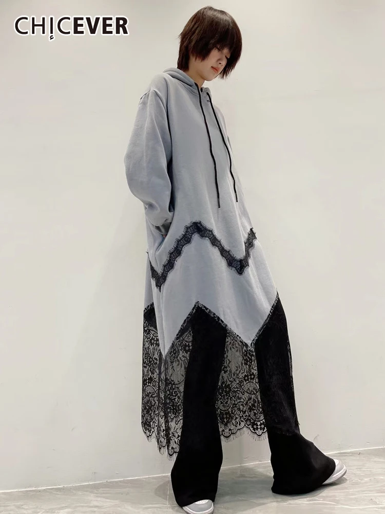 

CHICEVER Casual Straight Dress For Women Hooded Collar Long Sleeve Lace Panel Solid Midi Dresses Female Korean Fashion Clothing