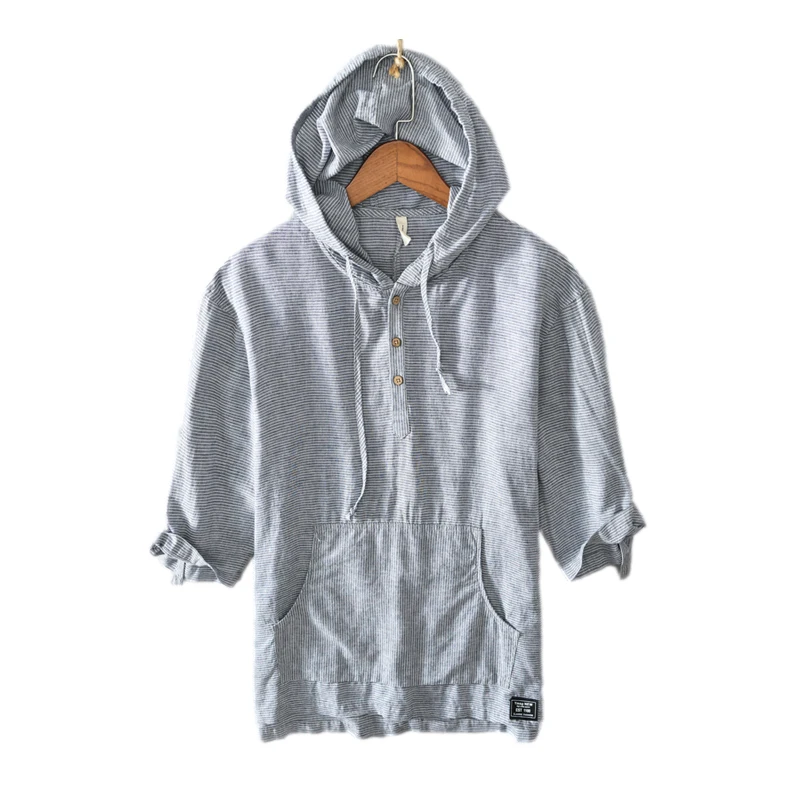Hooded Short Sleeve T-Shirt for Men Cotton Linen Striped Casual Tops Summer New Male Fashion Japan Style Tees Thin Clothes