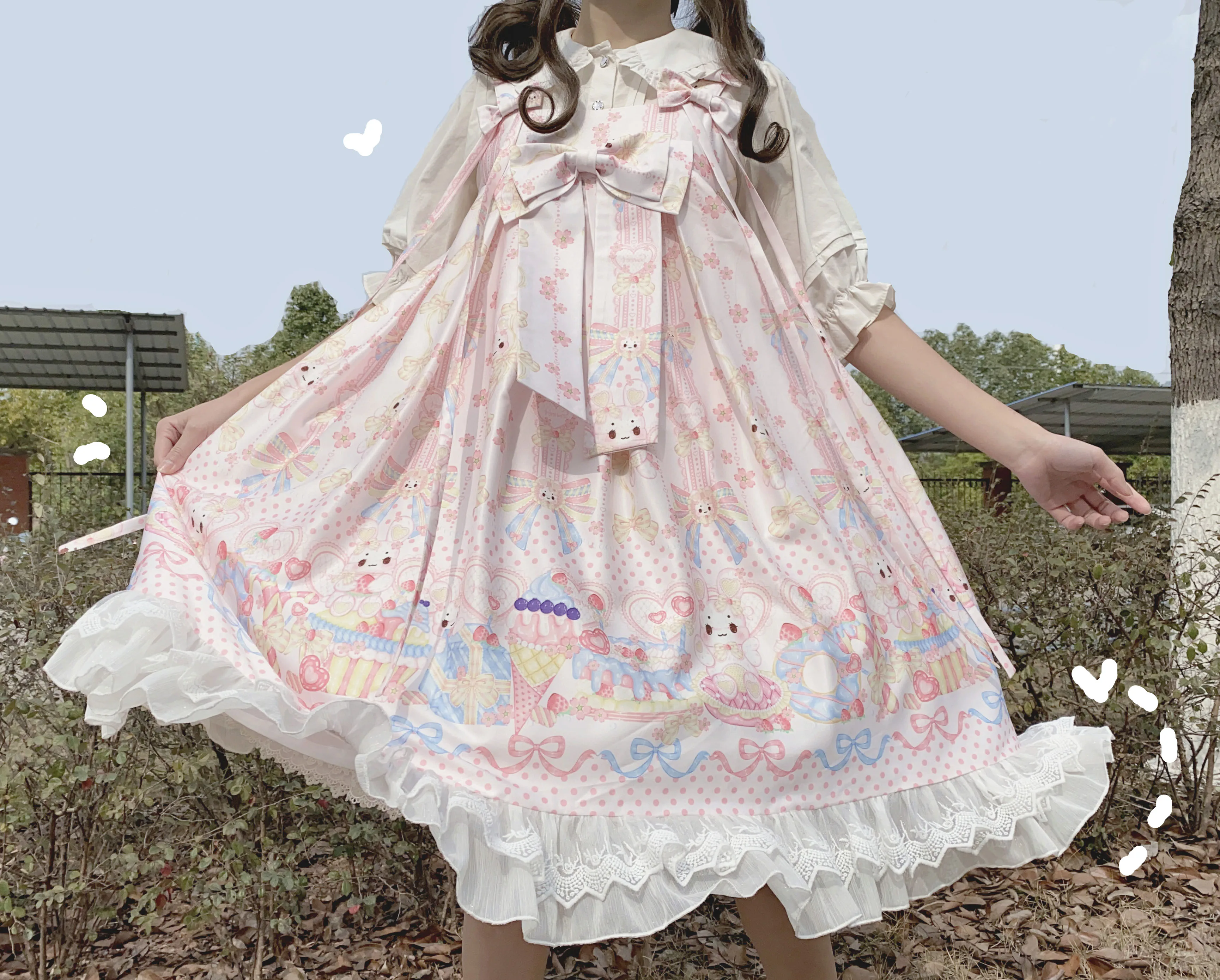 

Sweet lolita strap dress vintage bowknot cute printing high waist princess victorian dress kawaii girl gothic lolita cos loli
