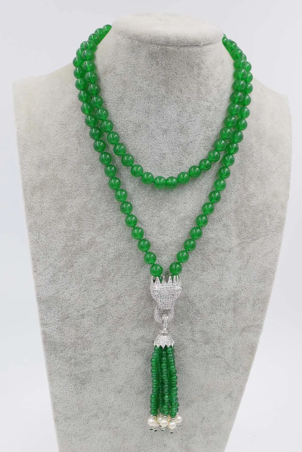 

green jade round 8mm and white pearl near round leopard clasp necklace 33inch wholesale beads nature gift discount FPPJ