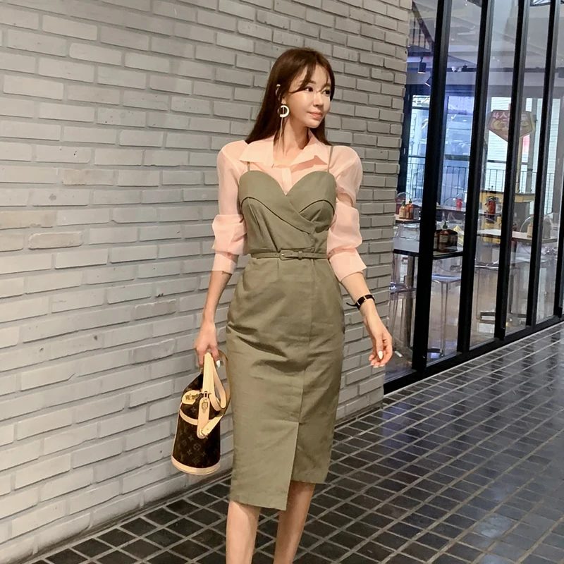 HAMALIEL корейский женский спагетти ремень Bodycon Карандаш платье Модный комплект из