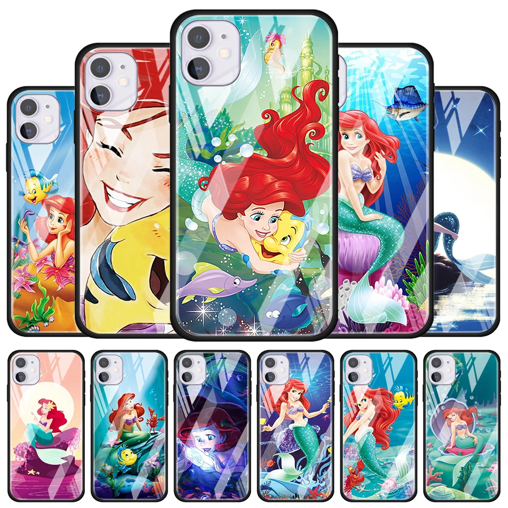 

Mermaid Disney Princess Cute for Apple iPhone 12 Pro Max Mini 11 Pro XS Max X XR 6S 6 7 8 Plus Luxury Tempered Glass Phone Case