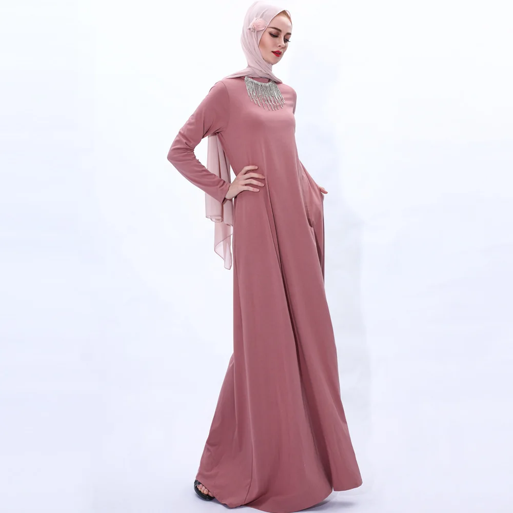 2021 мусульманское осеннее хлопковое вязаное простое платье-качели с бахромой и бриллиантами мусульманское женское базовое темпераментное ...