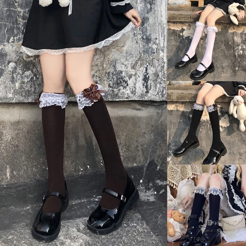 

Women Girls Sweet Lolita Black White Knee High Socks Bowknot Ruffled Frilly Lace Trim Japanese Student Cotton Stockings